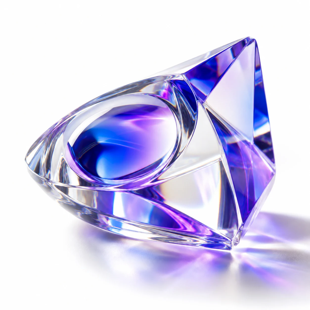 A clear sculptural lens refracting violet and blue light