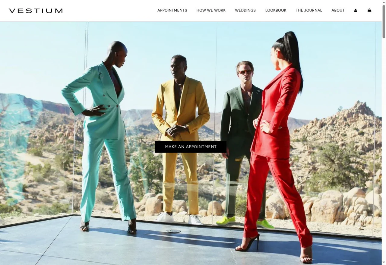 Vestium NY’s website, featuring four colorful tailored suits